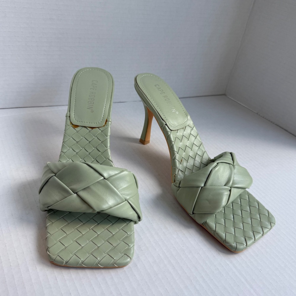 Mules Festival Wedding Guest Womens 9 Green Woven Square Toe Stiletto Heels